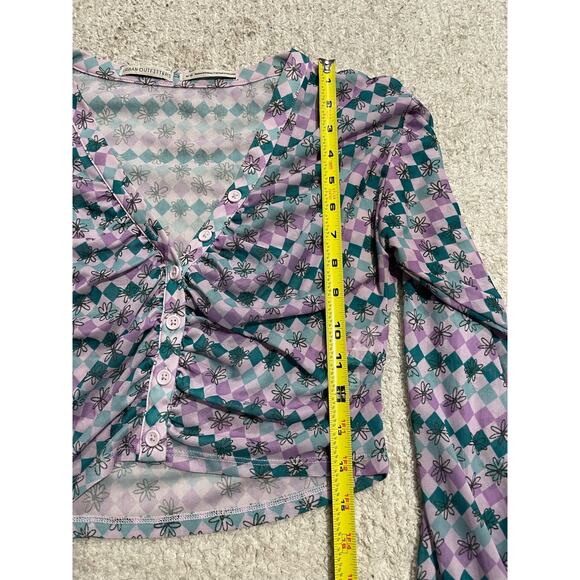 Urban Outfitters Y2K Mesh Cropped Ruched Button Up Top Womens Medium Purple Blue - Picture 6 of 15